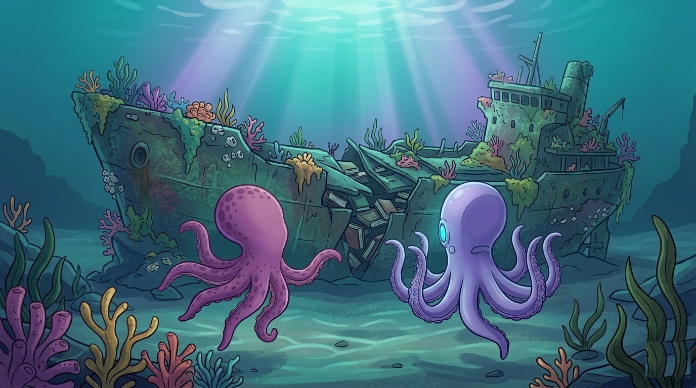 Purpo and Octo swim together towards the Wreck Library