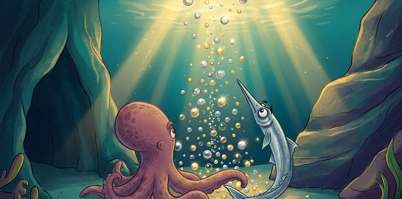 Purpo and Lello watch bubbles rise together from the seabed