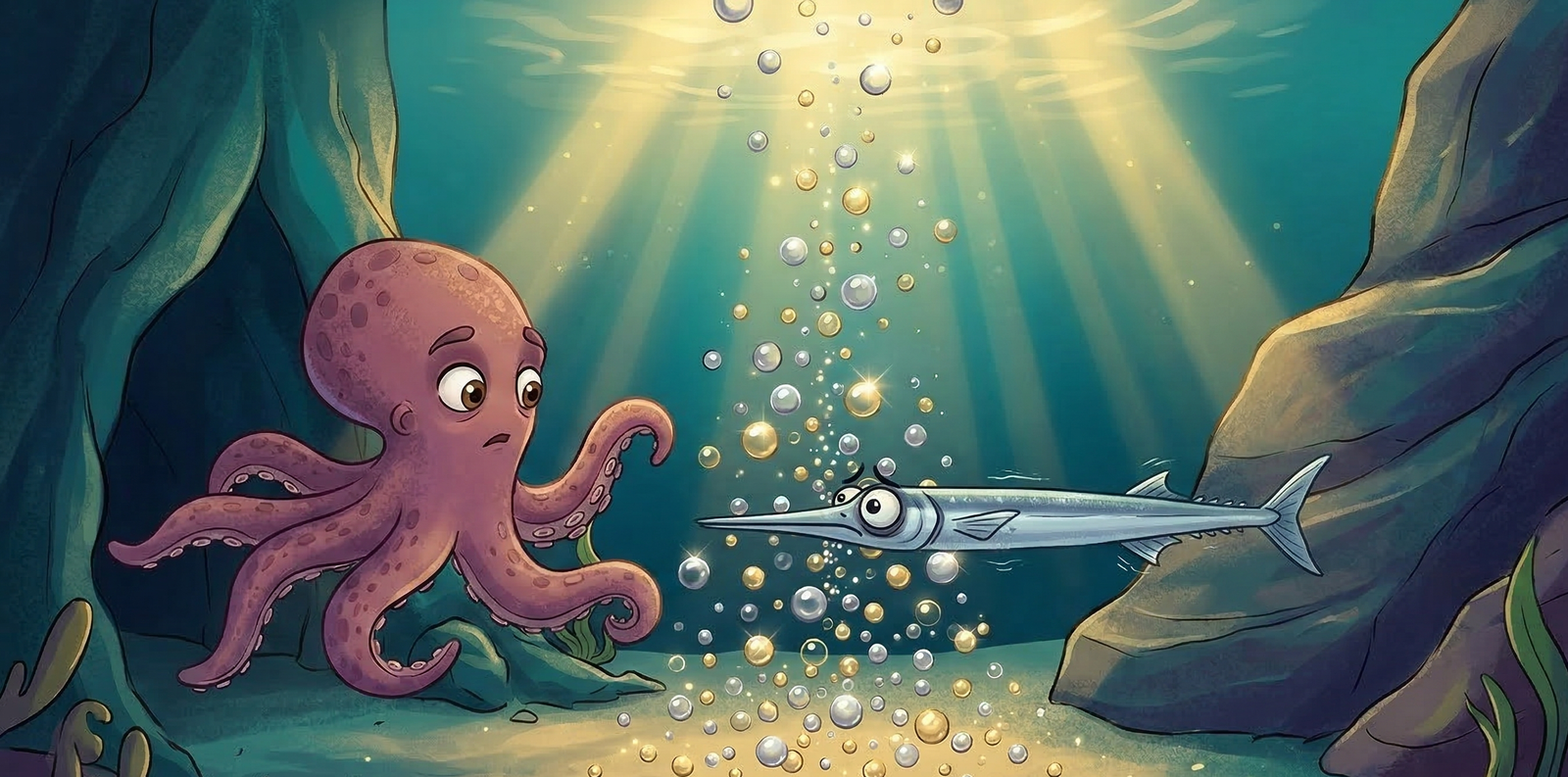 Purpo meets Lello, the needlefish who counts bubbles