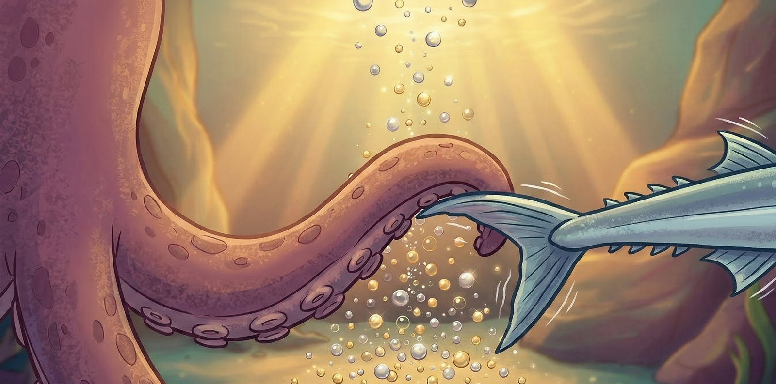 Purpo's tentacle rests gently on Lello's fin